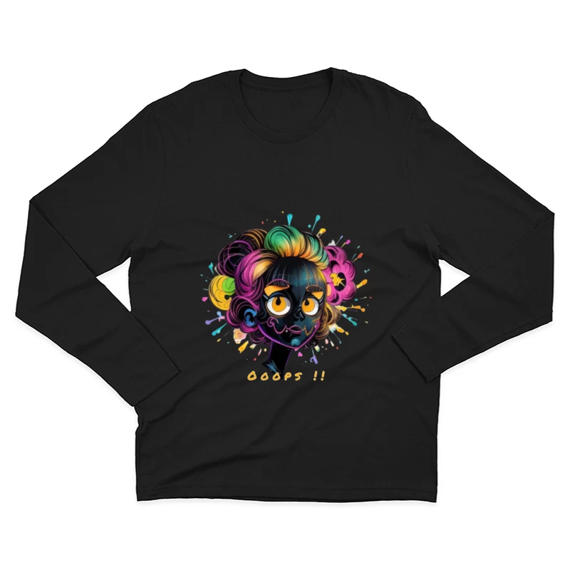 Whimsical Cartoon Character with Rainbow Hair and Paint Splashes Male Long Sleeve T-Shirt