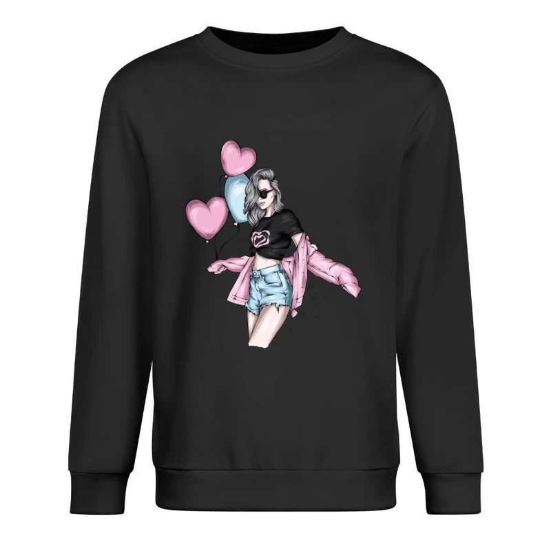 Stylish Girl with Balloons in Summer Fashion Male Pullover Sweatshirt
