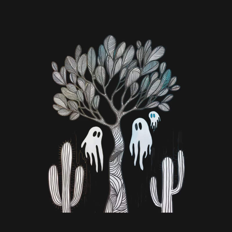 Whimsical Nature: Abstract Tree with Ghosts and Cacti Female Long Sleeve T-Shirt