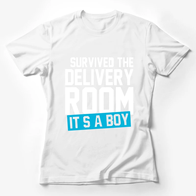 Blue Text Announcing "It's A Boy" for Baby Shower or Gender Reveal Female T-Shirt