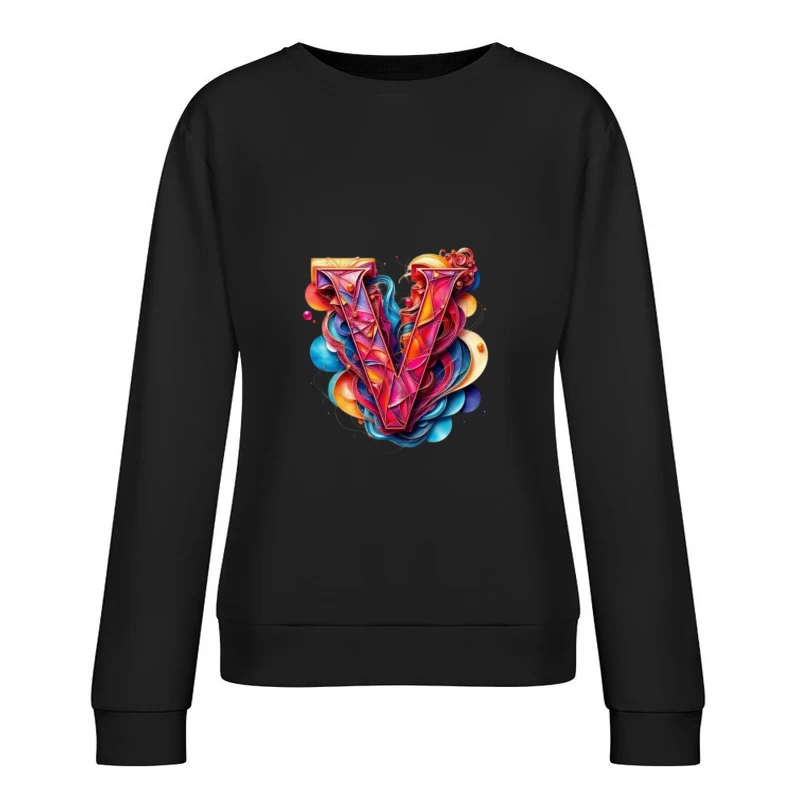 Vibrant Geometric Letter V with Abstract Swirls Female Pullover Sweatshirt