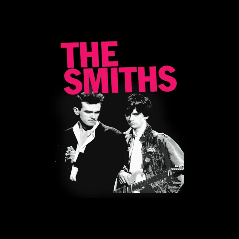 The Smiths: Iconic 1980s Indie Rock Band Portrait with Pink Logo Throw Pillow