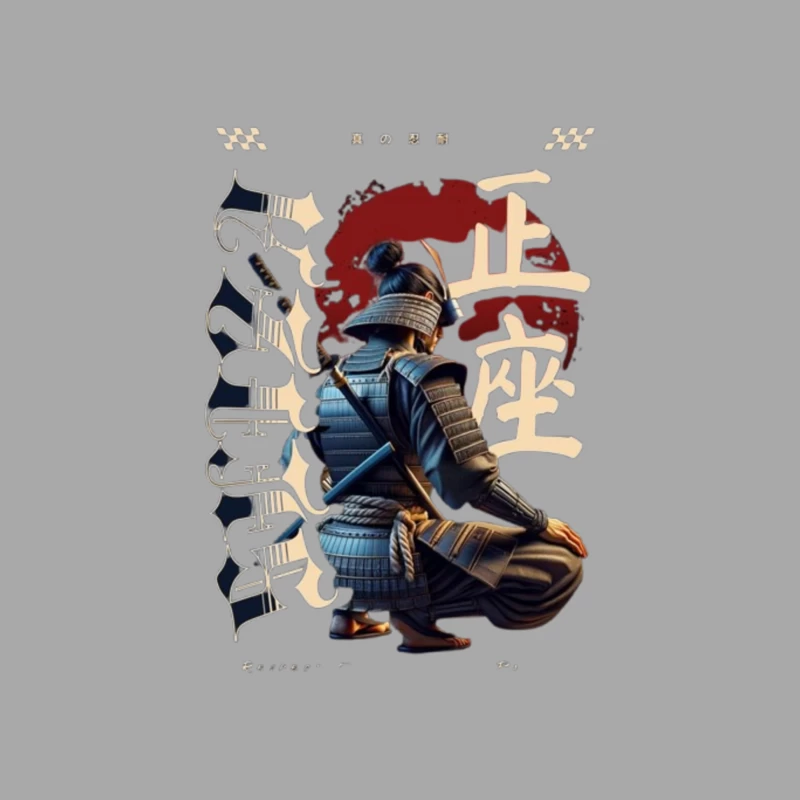 Kneeling Samurai Warrior with Traditional Japanese Calligraphy Female Pullover Hoodie