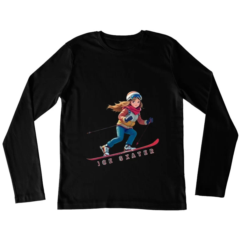 Animated Ice Skater in Winter Sports Gear Female Long Sleeve T-Shirt