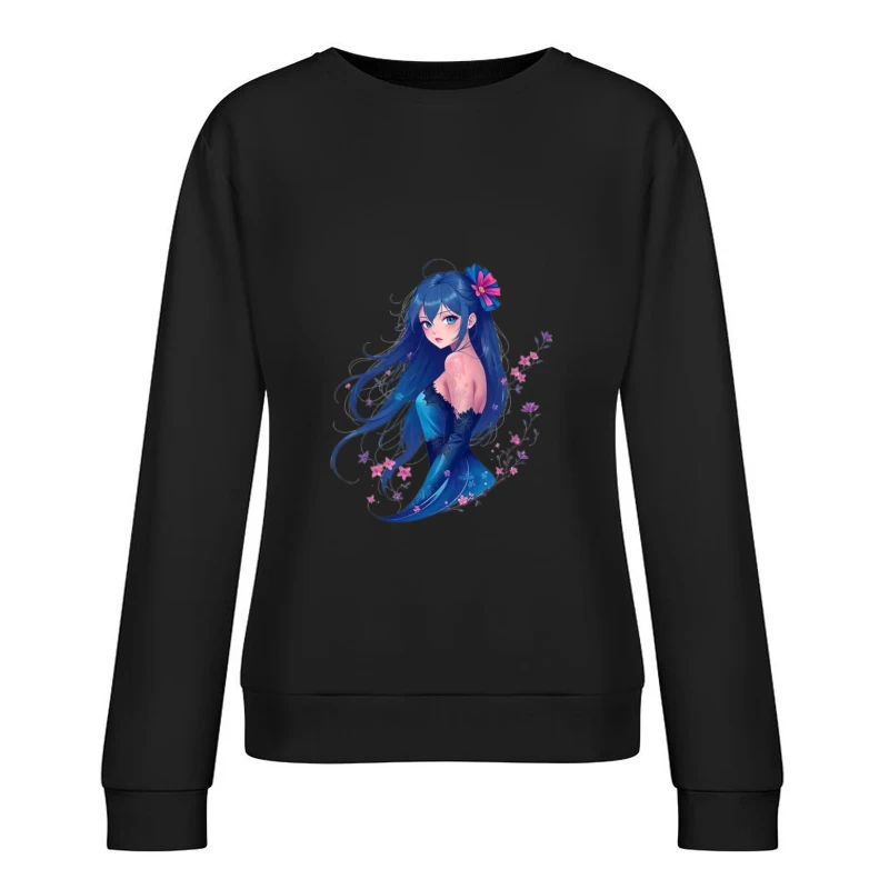 Elegant Anime Girl with Blue Hair and Floral Accents in Evening Dress Female Pullover Sweatshirt