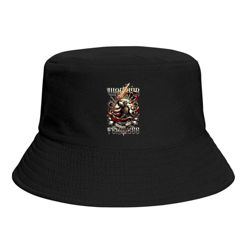 Unyielding Courage: Dark Fantasy Warrior with Flaming Sword Bucket Hat