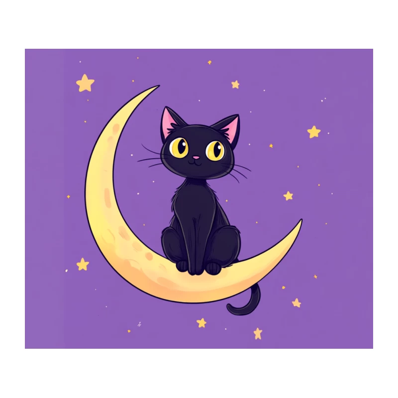 Cute Black Cat Sitting on Crescent Moon under Starry Night Tapestry