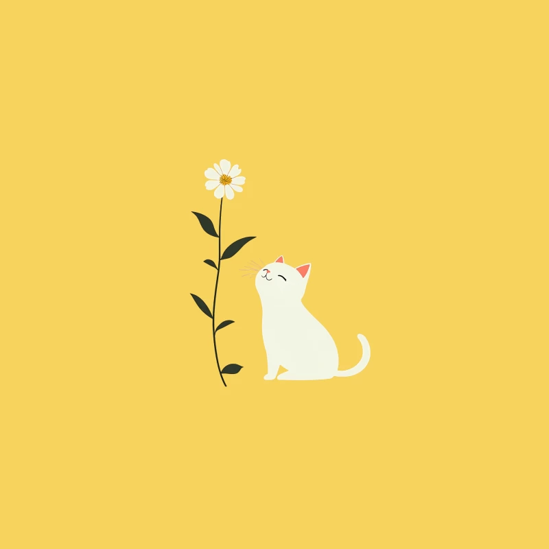 Cute White Cat and Minimalist Flower Illustration Bucket Hat