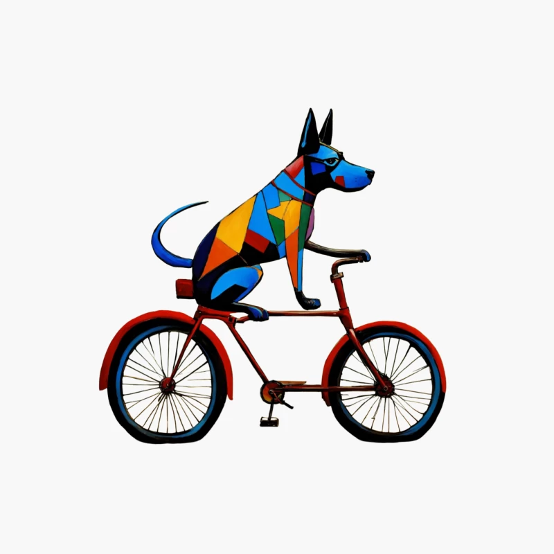 Geometric Colorful Dog Riding Red Bicycle Art Cotton Tote Bag