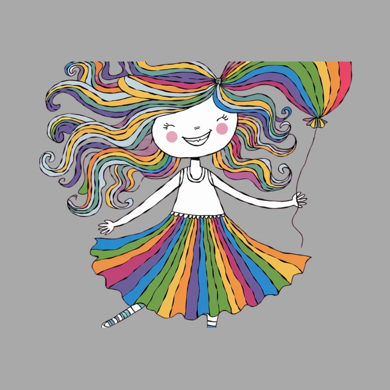 Whimsical Cartoon Girl with Rainbow Hair and Colorful Dress Female Pullover Hoodie