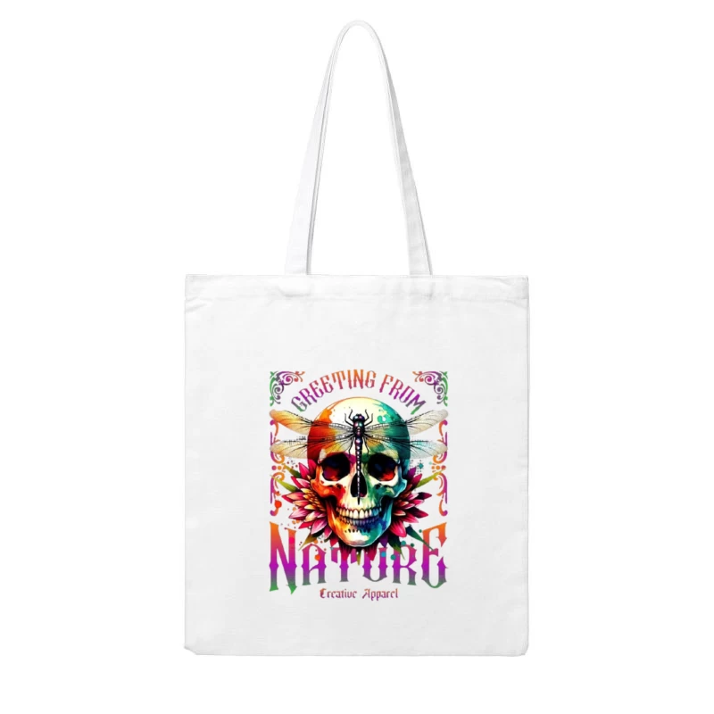 Rainbow Gothic Skull with Dragonfly and Floral Design - Nature Creative Apparel Cotton Tote Bag