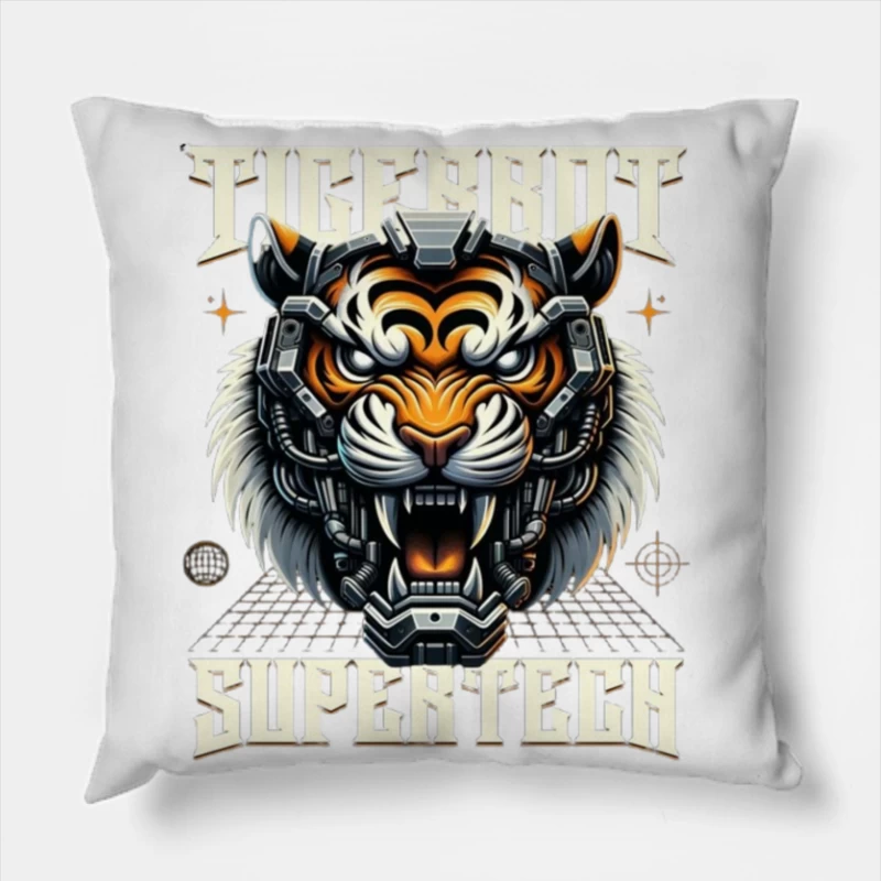 Cybernetic Tiger Head with Futuristic Tech Enhancement Throw Pillow