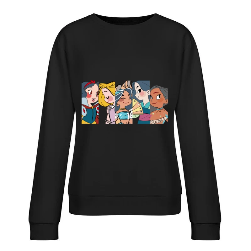 Fünf Cartoon-Prinzessinnen in einem Farbstreifen Damen Pullover Sweatshirt