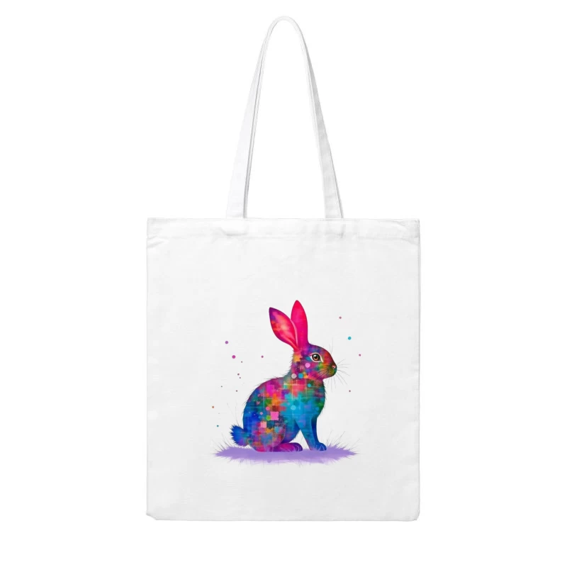 Vibrant Watercolor Geometric Rabbit Art Cotton Tote Bag