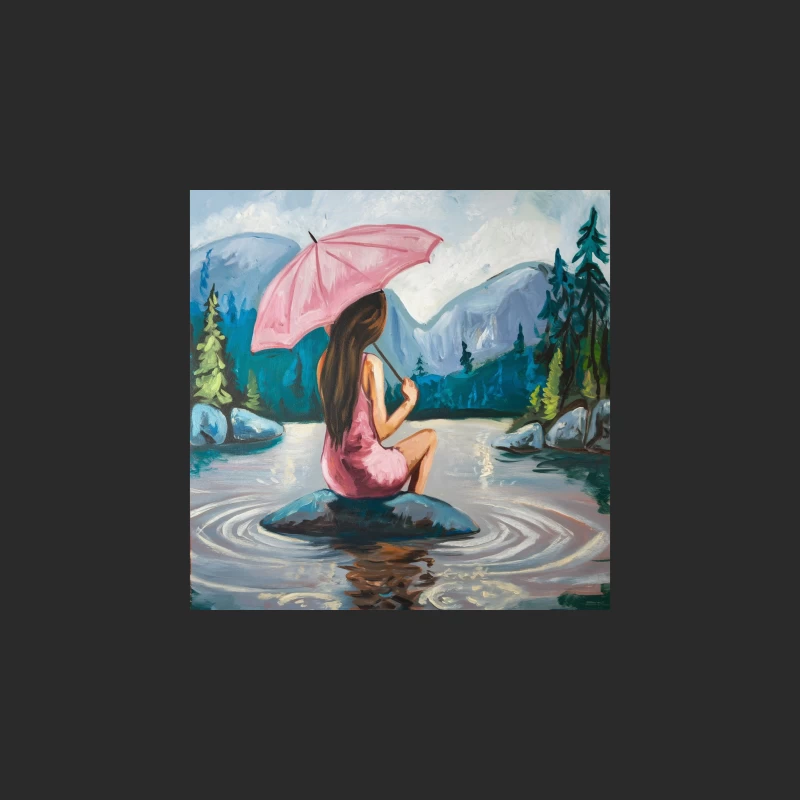 Serene Lake View: Woman with Pink Umbrella Amidst Mountains Baseball Cap