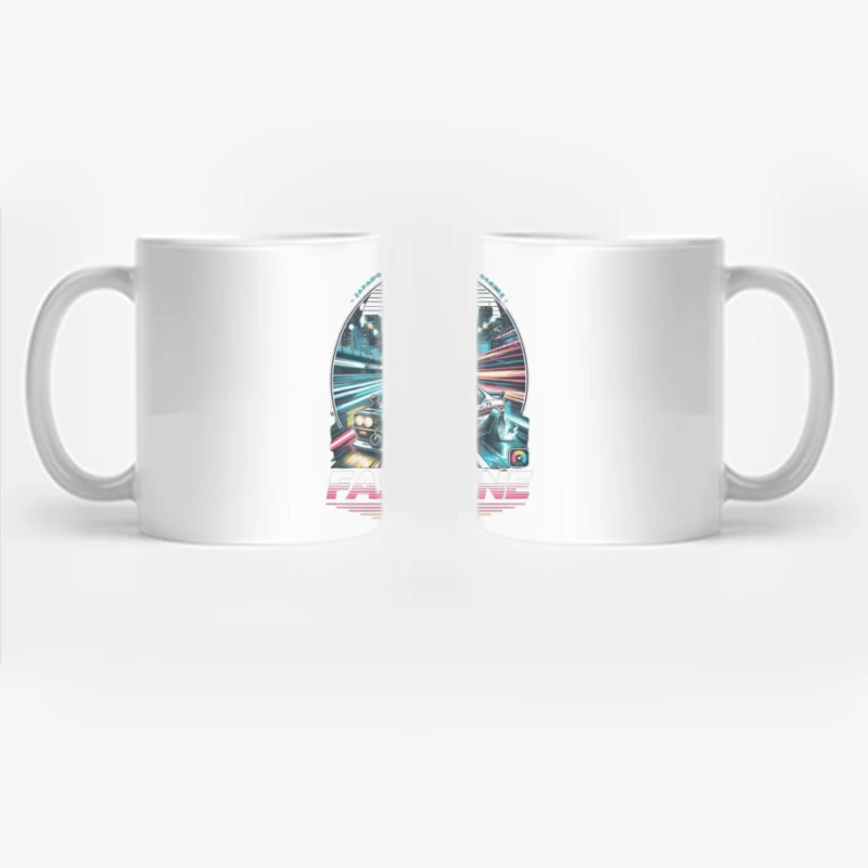 Retro Sports Car Racing Through Neon Cityscape - Synthwave Style Coffee Mug