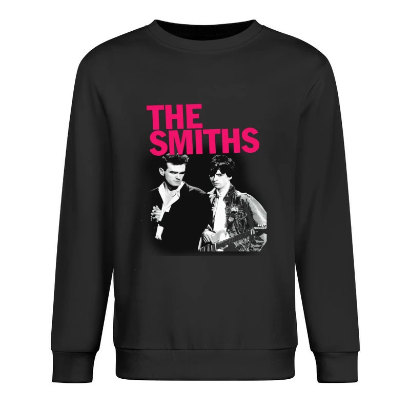 The Smiths: Iconic 1980s Indie Rock Band Portrait with Pink Logo Male Pullover Sweatshirt