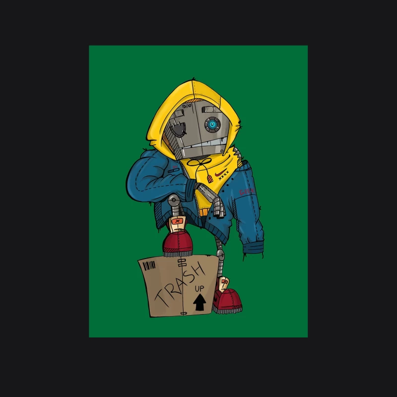 Cute Robot in Yellow Hoodie with Cardboard Box Male Pullover Hoodie