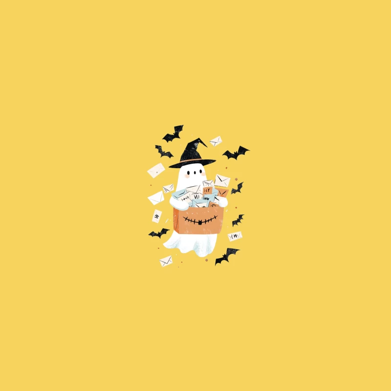 Cute Halloween Ghost with Mail and Bats Illustration Bucket Hat