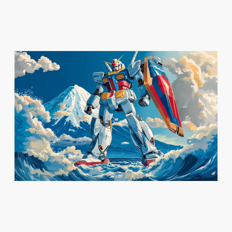 Majestic Gundam Mecha Stands Amid Ocean Waves with Mount Fuji Backdrop Travel Mug