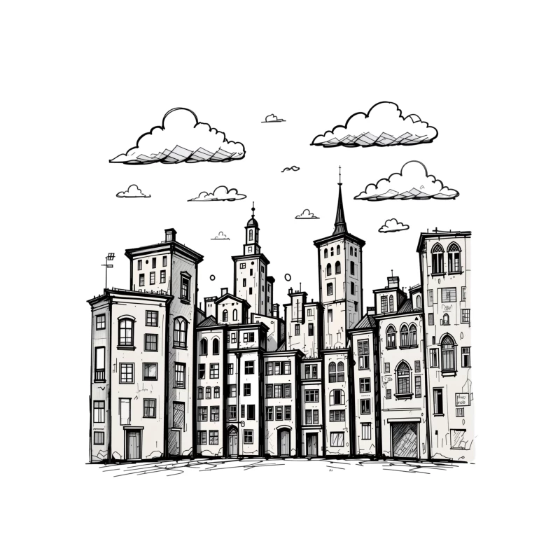 Stylized Black and White Cityscape Illustration Tapestry