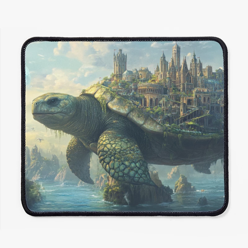 Surreal Fantasy: City Atop Giant Turtle in Mystical Ocean Mouse Pad