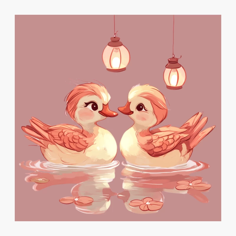 Cute Cartoon Ducks with Lanterns in Water Reflection Pin