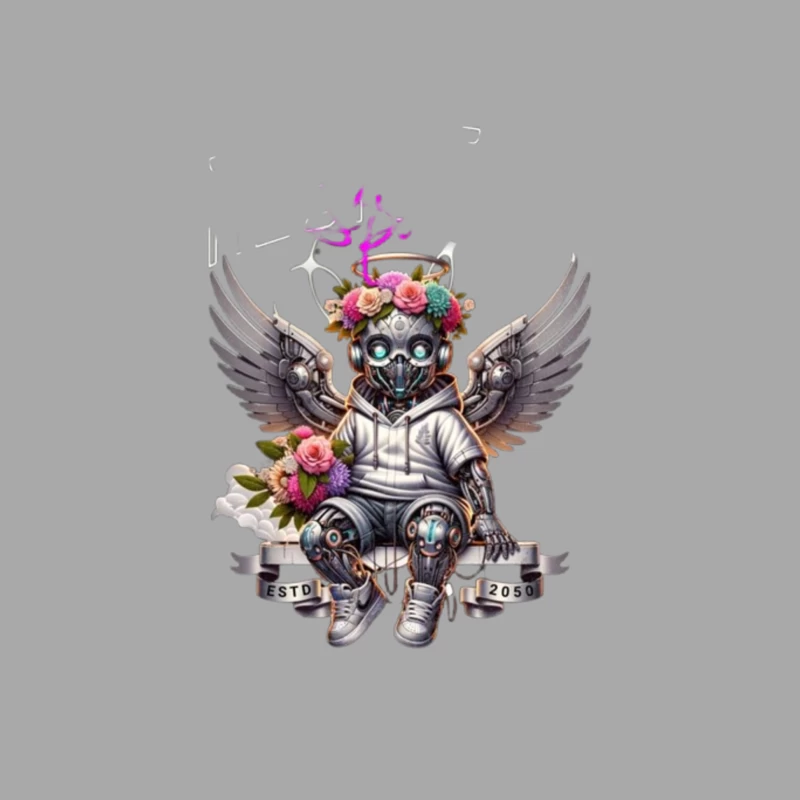 Angelic Steampunk Robot with Floral Crown and Wings Female Pullover Hoodie