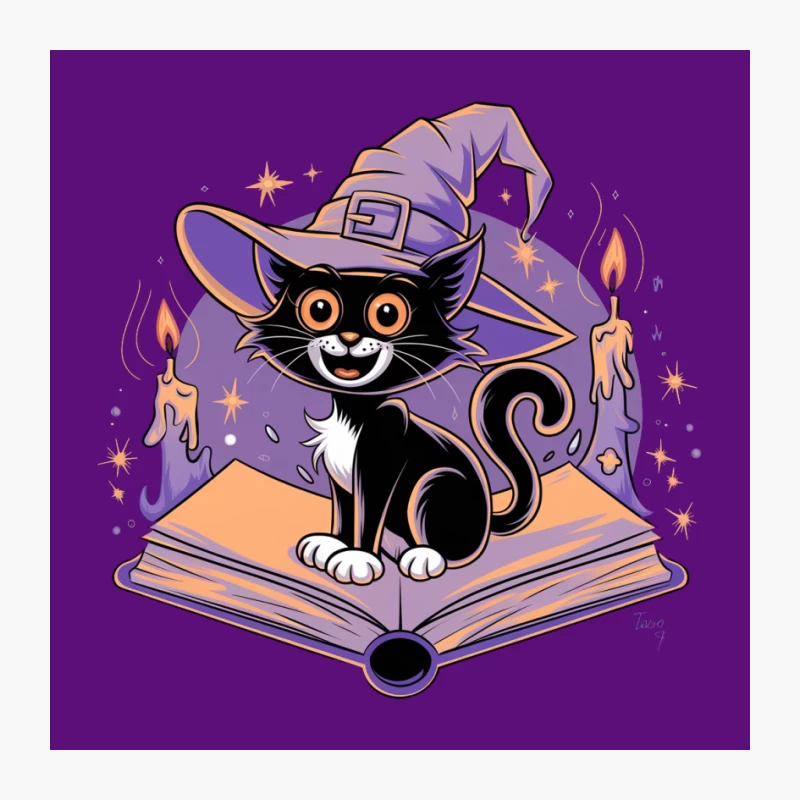 Magical Black Cat on Spellbook with Witch Hat Pin