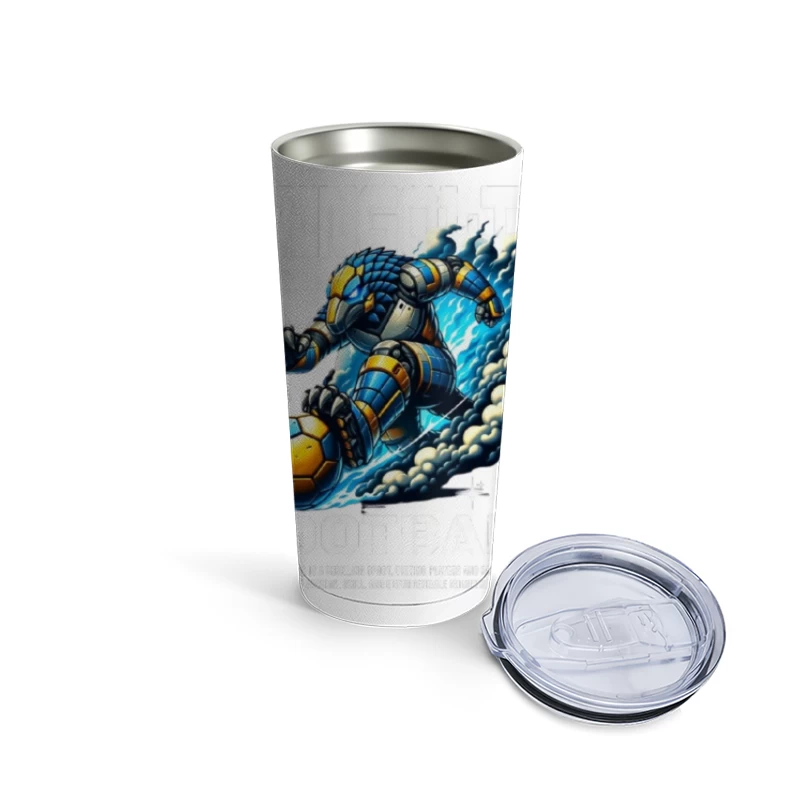 Robotic Soccer Player with Blue Armor in Dynamic Motion Travel Mug