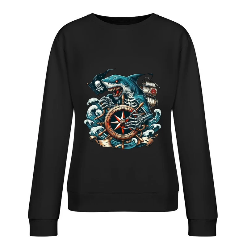 Pirate Shark with Compass and Ship Female Pullover Sweatshirt