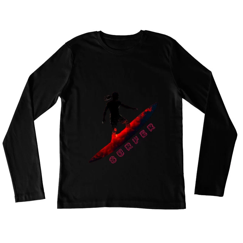 Dynamic Surfer Silhouette with Red Wave Effect Female Long Sleeve T-Shirt