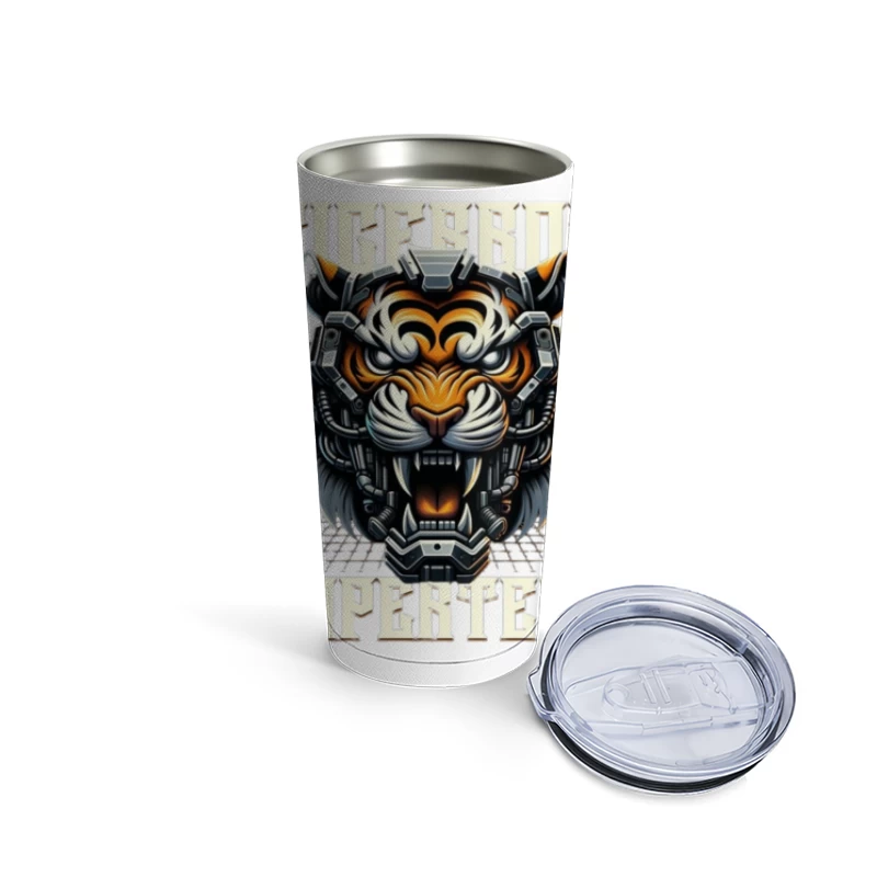 Cybernetic Tiger Head with Futuristic Tech Enhancement Travel Mug