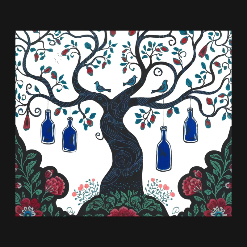 Whimsical Tree of Life Folk Art with Blue Bottles and Red Flowers Mouse Pad