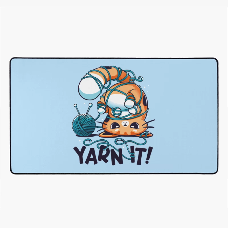 Yarn It! Whimsical Cat Illustration Desk Mat