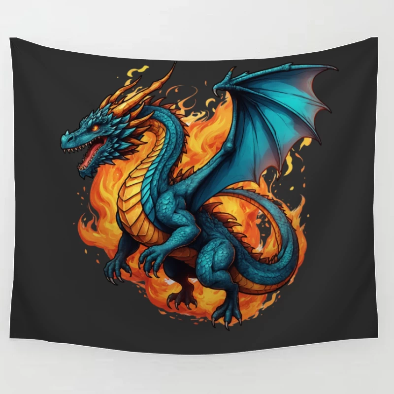 Blue Dragon in Flames Tapestry