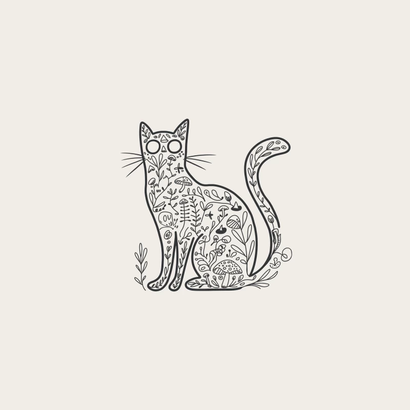 Whimsical Cat Illustration with Nature-Inspired Patterns Bucket Hat