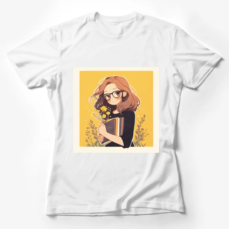 Bookish Girl with Yellow Flowers - Anime Style Illustration Female T-Shirt