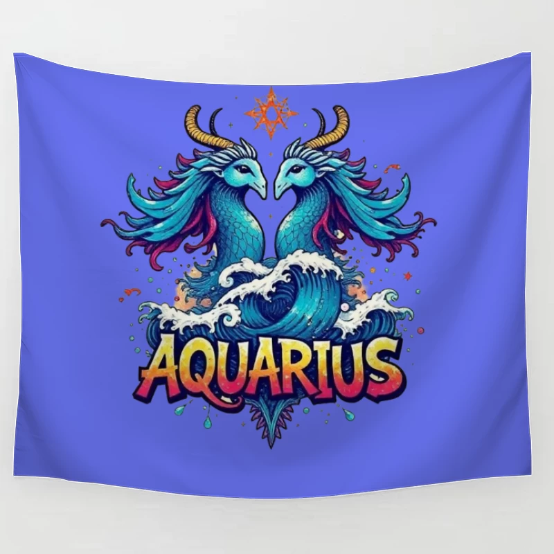 Colorful Aquarius Zodiac Sign with Waves Tapestry