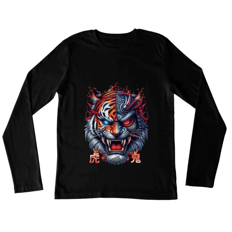 Halbes Tiger Samurai Gesicht Damen Langarm T-Shirt