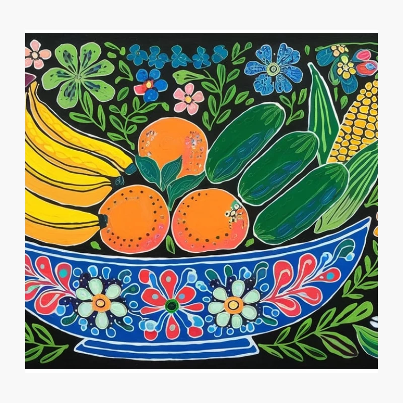 Vibrant Folk Art Still Life: Colorful Fruit Bowl with Floral Accents Throw Pillow