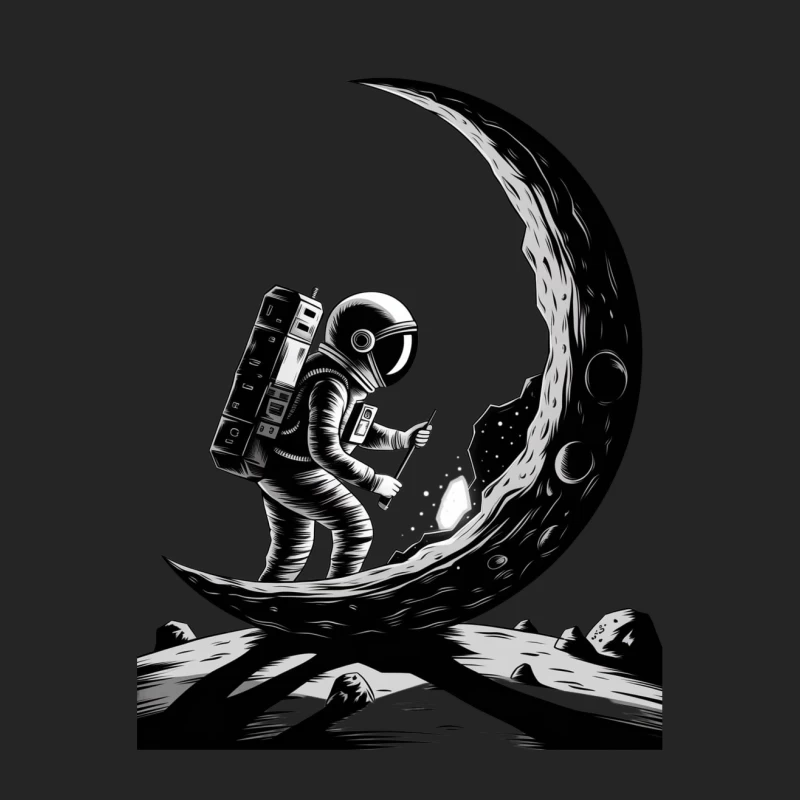 Astronaut on Crescent Moon Black and White Space Illustration Male Pullover Sweatshirt