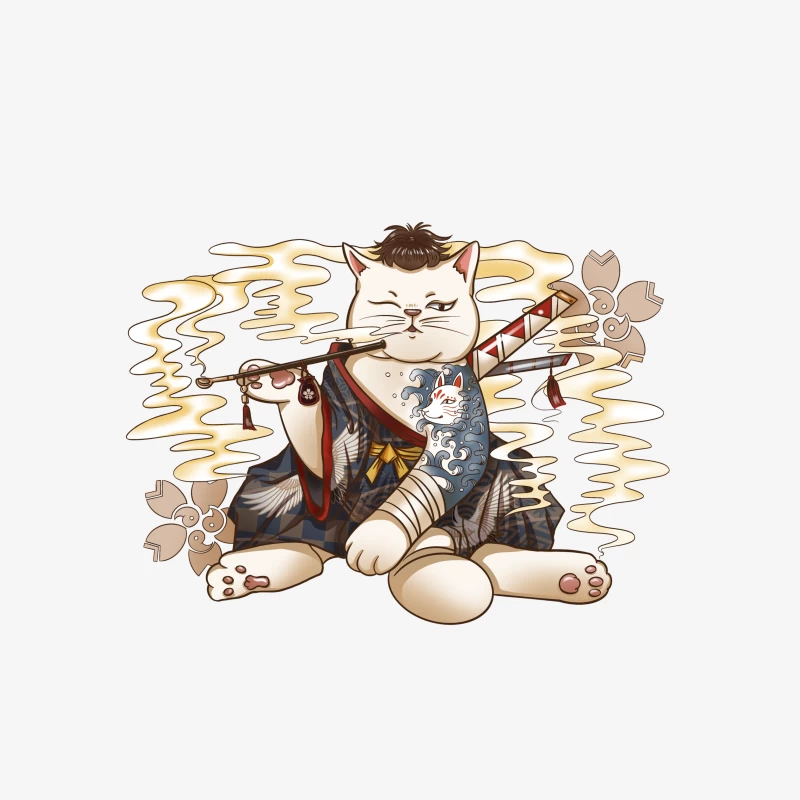 Samurai Katze mit Pfeife Herren Pullover Sweatshirt