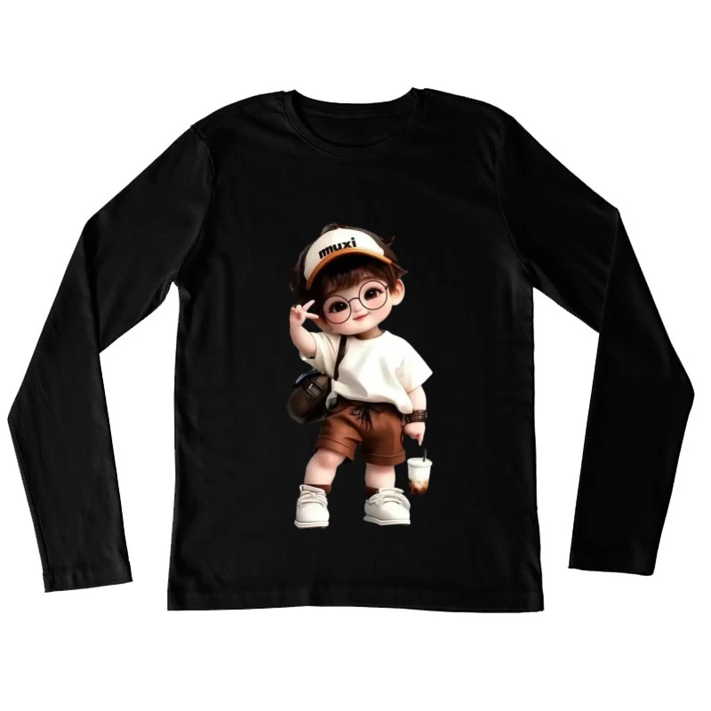 Niedliches Kind mit Brille und Mütze Damen Langarm T-Shirt