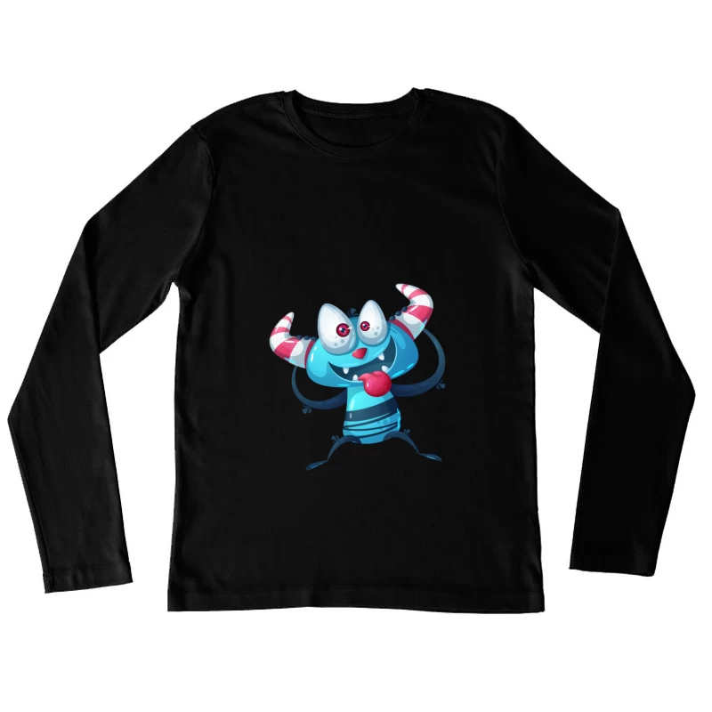 Monstre amusant bleu avec cornes rayées Femme Manches Longues T-Shirt