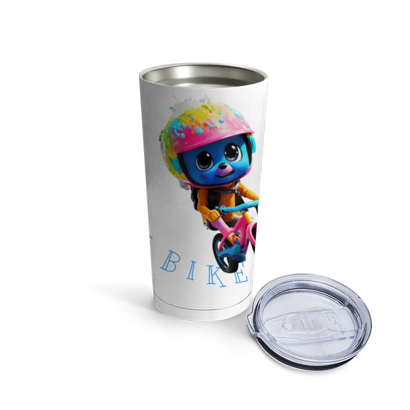 Cute Blue Animated Character Riding Colorful Bike with Safety Helmet Travel Mug