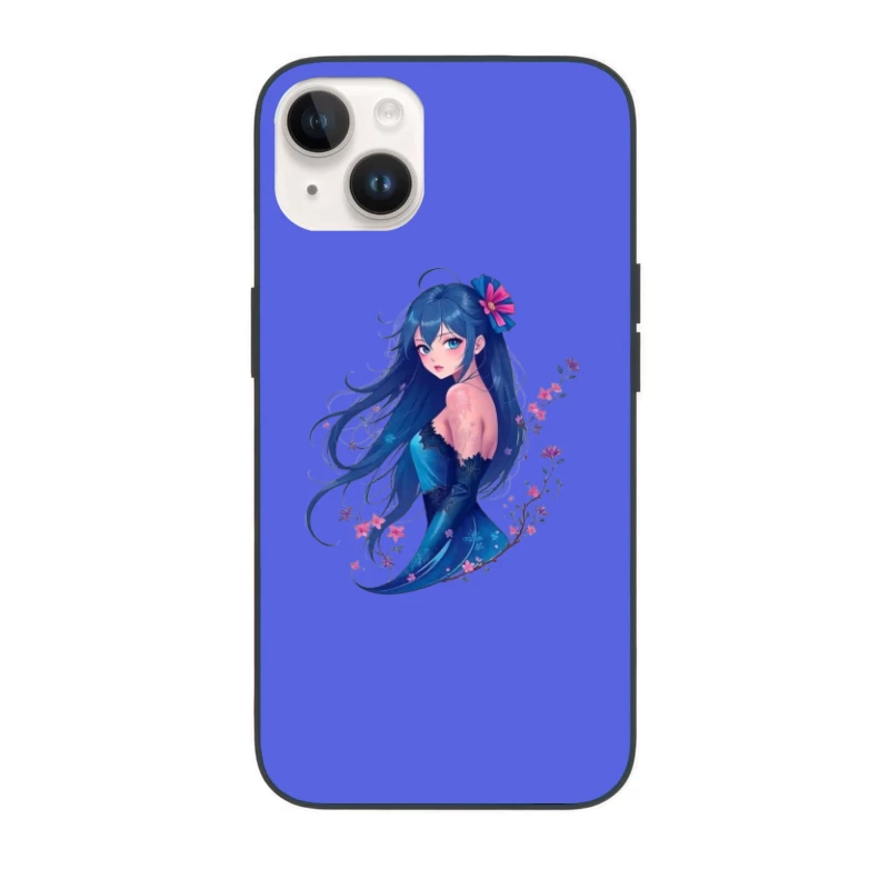 Elegant Anime Girl with Blue Hair and Floral Accents in Evening Dress iPhone Case