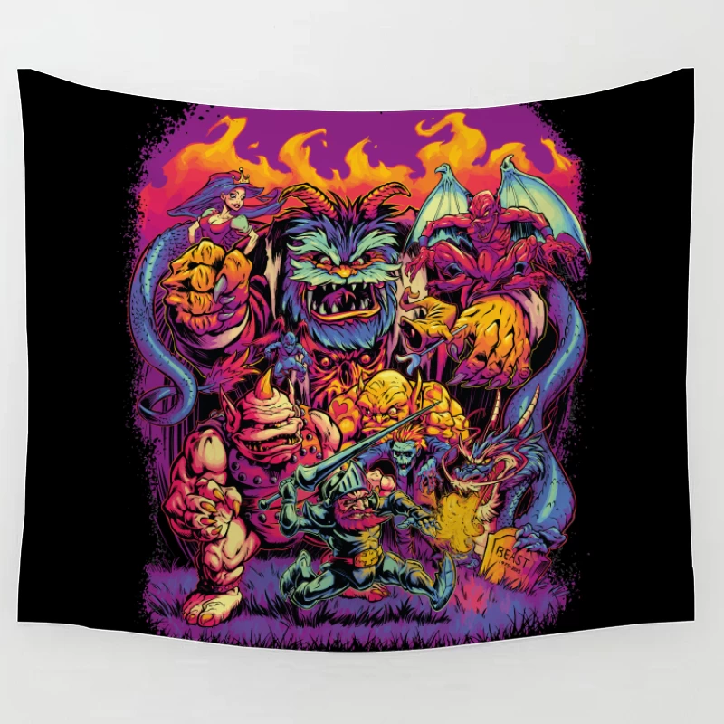 Epic Fantasy Battle with Colorful Monsters Tapestry