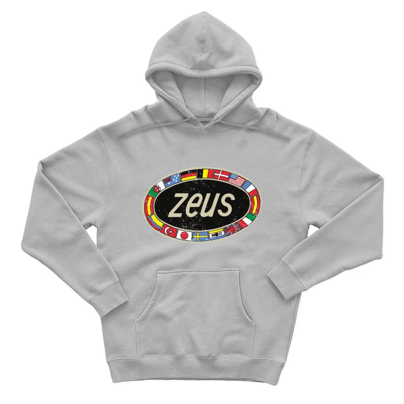 Zeus International Vintage Logo with National Flags Border Male Pullover Hoodie