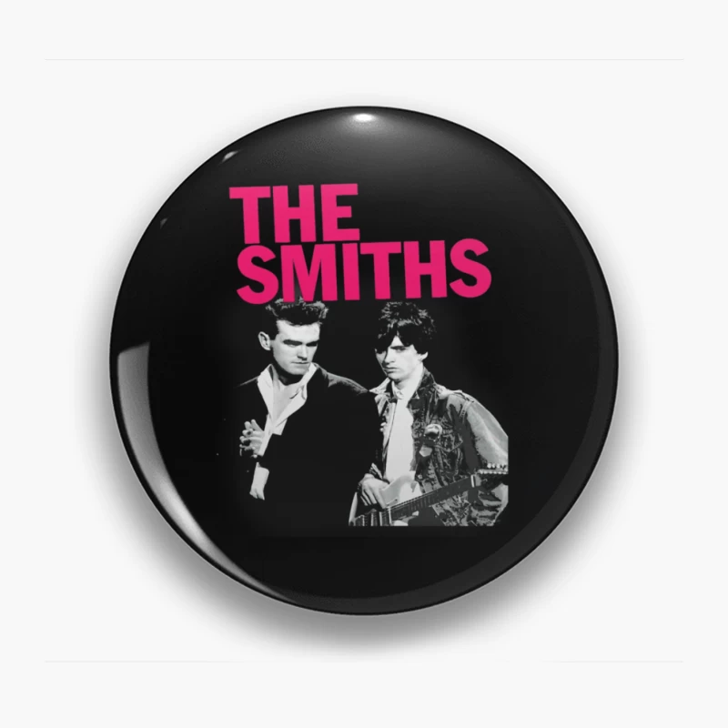 The Smiths: Iconic 1980s Indie Rock Band Portrait with Pink Logo Pin